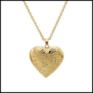 Vintage Engraved Flower Locket Pendant Necklace Antique Carved Pattern Memorial